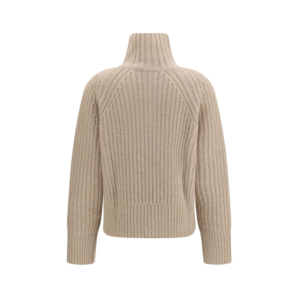 Sweater by Allude for women in cashmere silk & capra leather beige features an tactile silhouette, showcasing a sophisticated high-collar neckline and tactile for a refined finish.