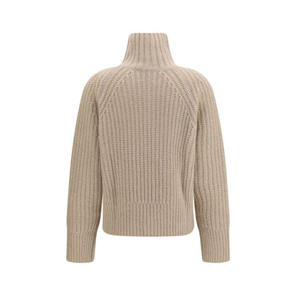 Sweater by Allude for women in cashmere silk & capra leather beige features an tactile silhouette, showcasing a sophisticated high-collar neckline and tactile for a refined finish.