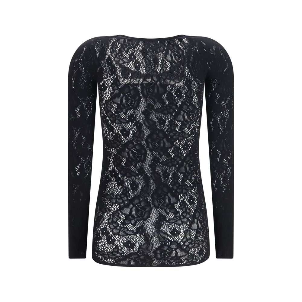 Shirt by Wolford for women in stretch polyamide black, rose, patterned & floral showcases a sharp silhouette, elegantly detailed with a sharp round neckline and sharp .