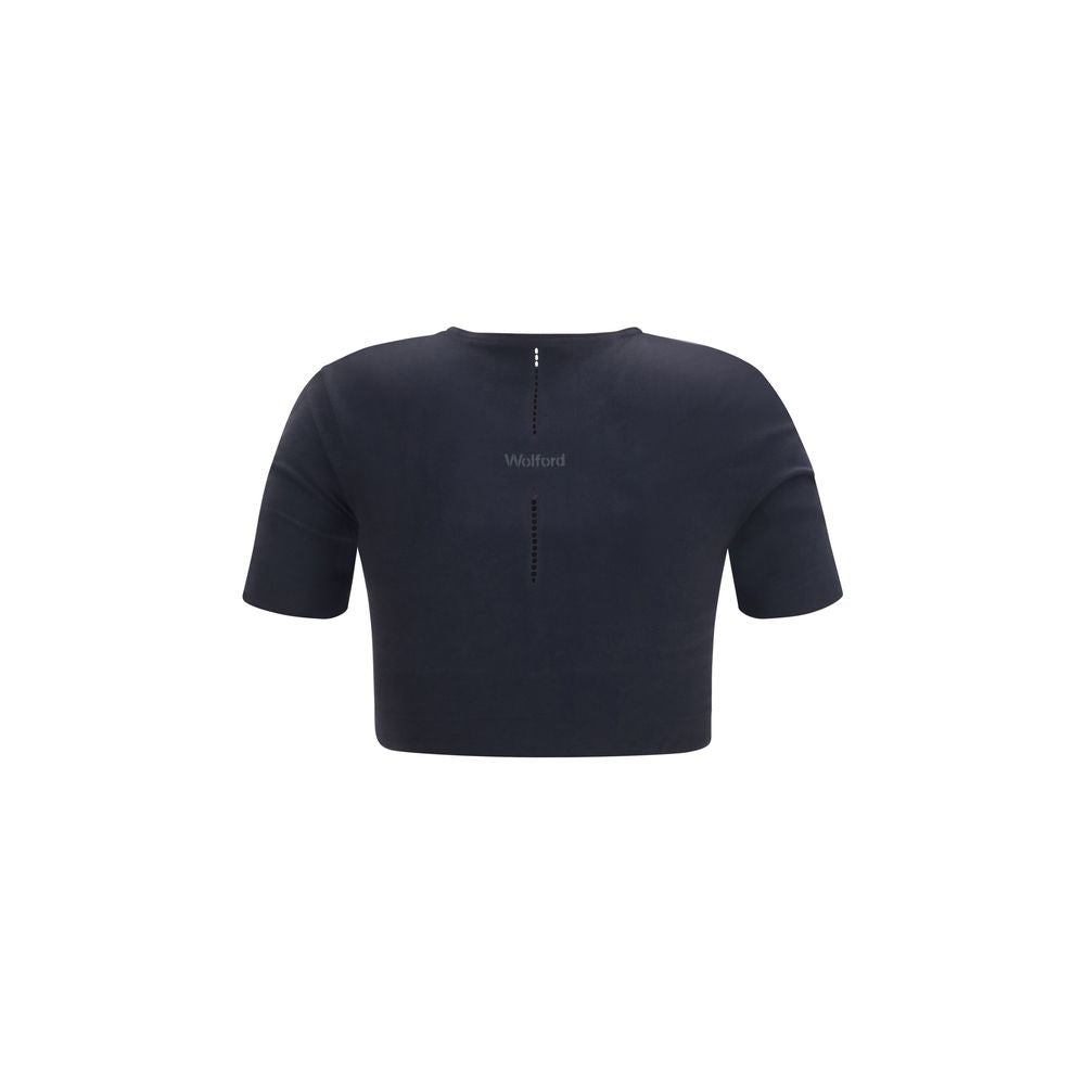 Activewear T-Shirt by Wolford for women in stretch polyamide black & signature features an contemporary design with seamless, a length, and a contemporary round neckline.