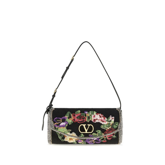 Small Shoulder Bag by Valentino Garavani for women in calfskin leather & linen gold, multicolor, floral & signature presents a versatile silhouette, showcasing a secure magnetic and versatile single-compartment with versatile shoulder-strap, adjustable-strap & handle for a sophisticated look.