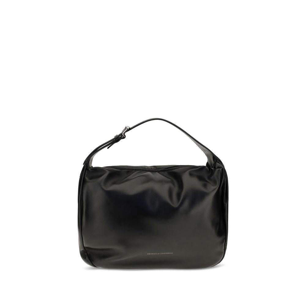 Shoulder Hobo Bag by Brunello Cucinelli for women in bos taurus calf nappa & suede leather black presents a versatile silhouette, showcasing a secure zipper and versatile with versatile shoulder-strap, adjustable-strap & handle for a sophisticated look.