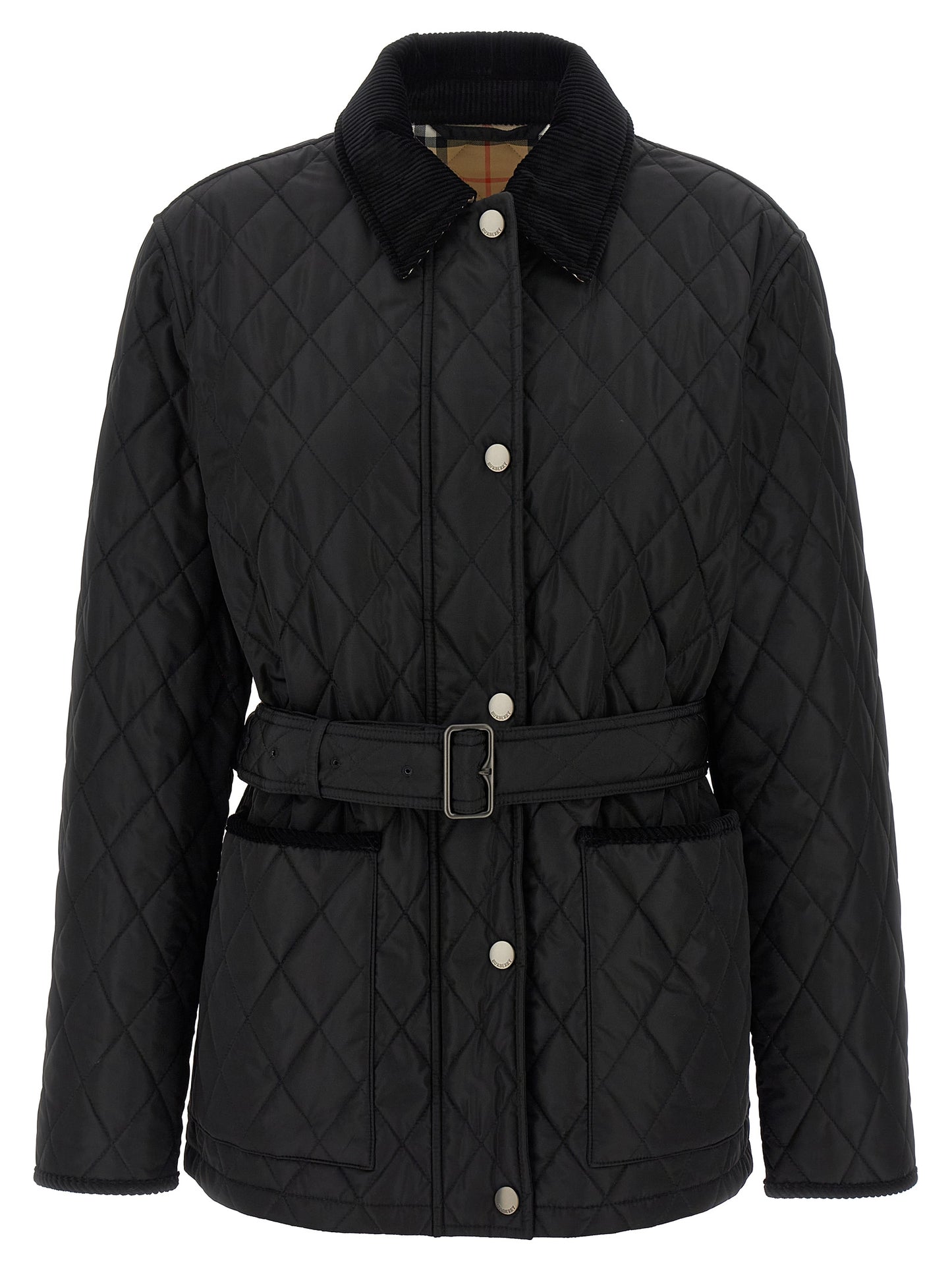 Overcoat by Burberry for women in plush nylon corduroy black presents a luxurious silhouette, showcasing a luxurious and sophisticated lightweight for a premium, luxurious look.