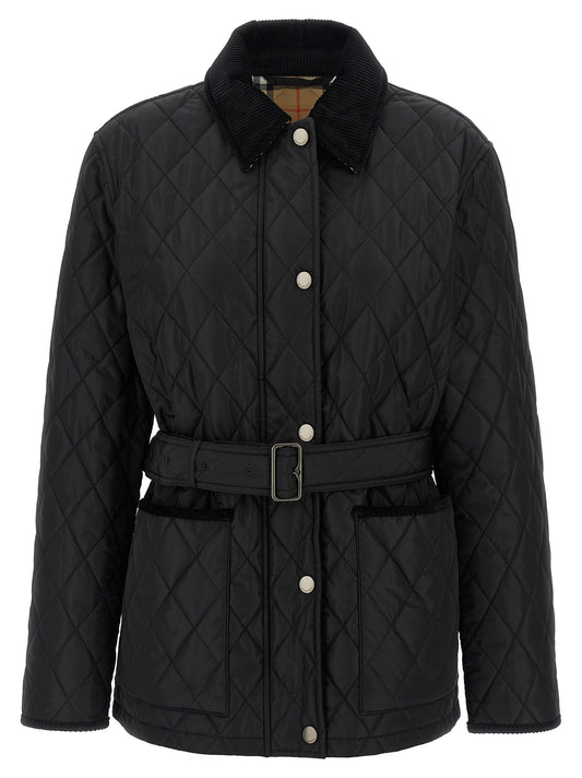 Overcoat by Burberry for women in plush nylon corduroy black presents a luxurious silhouette, showcasing a luxurious and sophisticated lightweight for a premium, luxurious look.