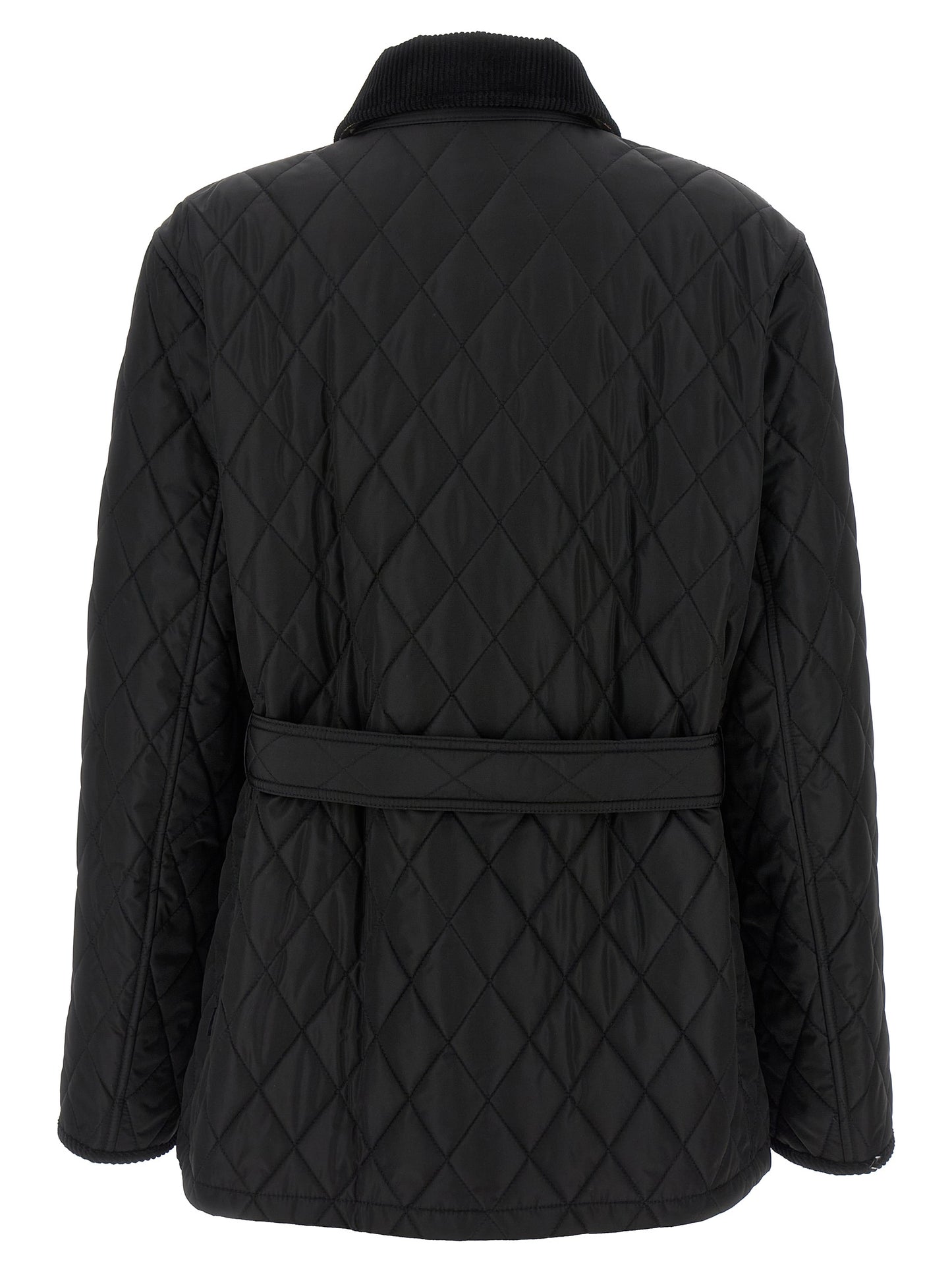 Overcoat by Burberry for women in plush nylon corduroy black features a contemporary silhouette showcasing a contemporary and refined lightweight for a sophisticated finish.