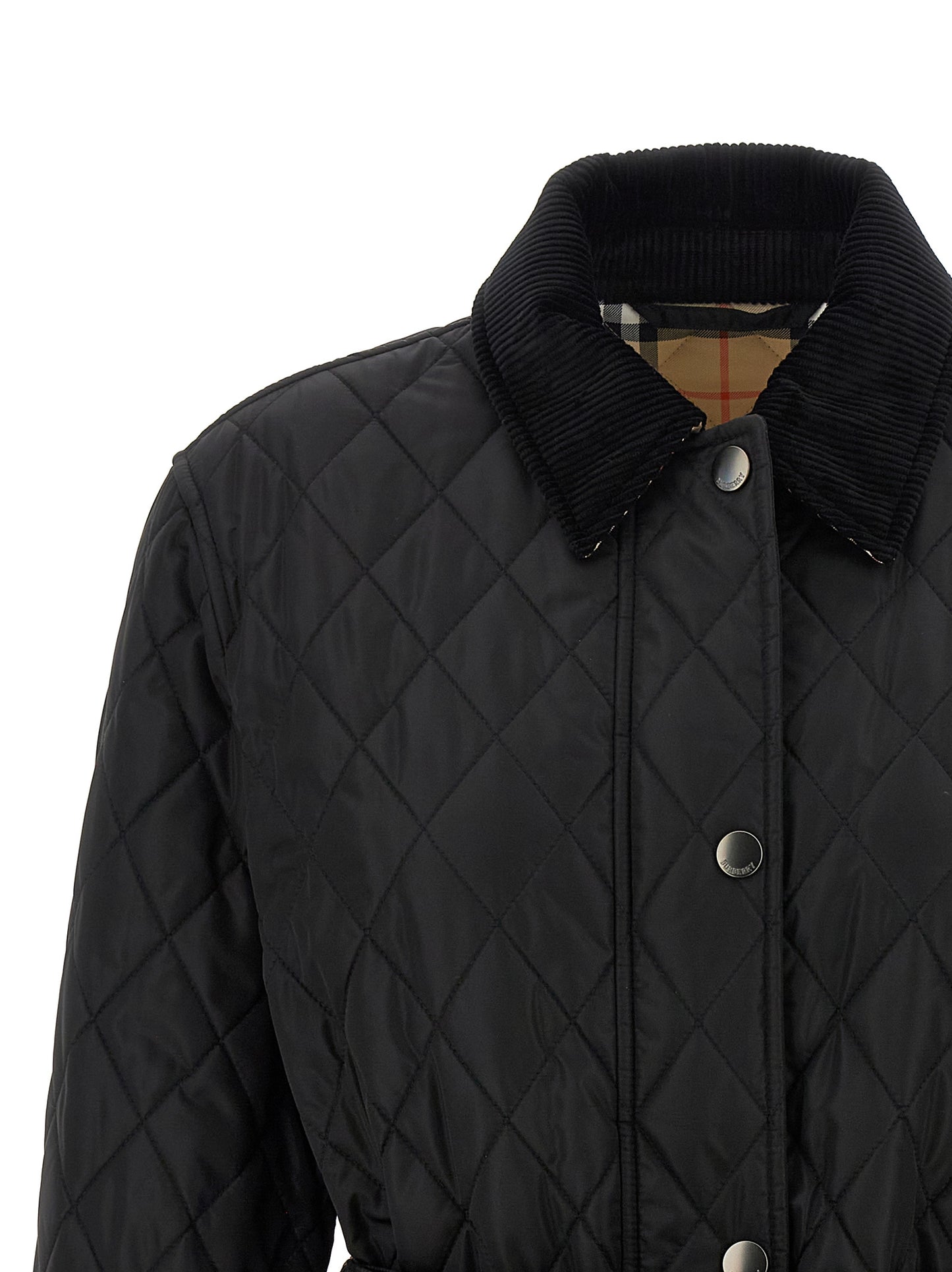 Overcoat by Burberry for women in plush nylon corduroy black features a cosy chic silhouette, artfully detailed with a sophisticated and premium lightweight for a cosy chic finish.