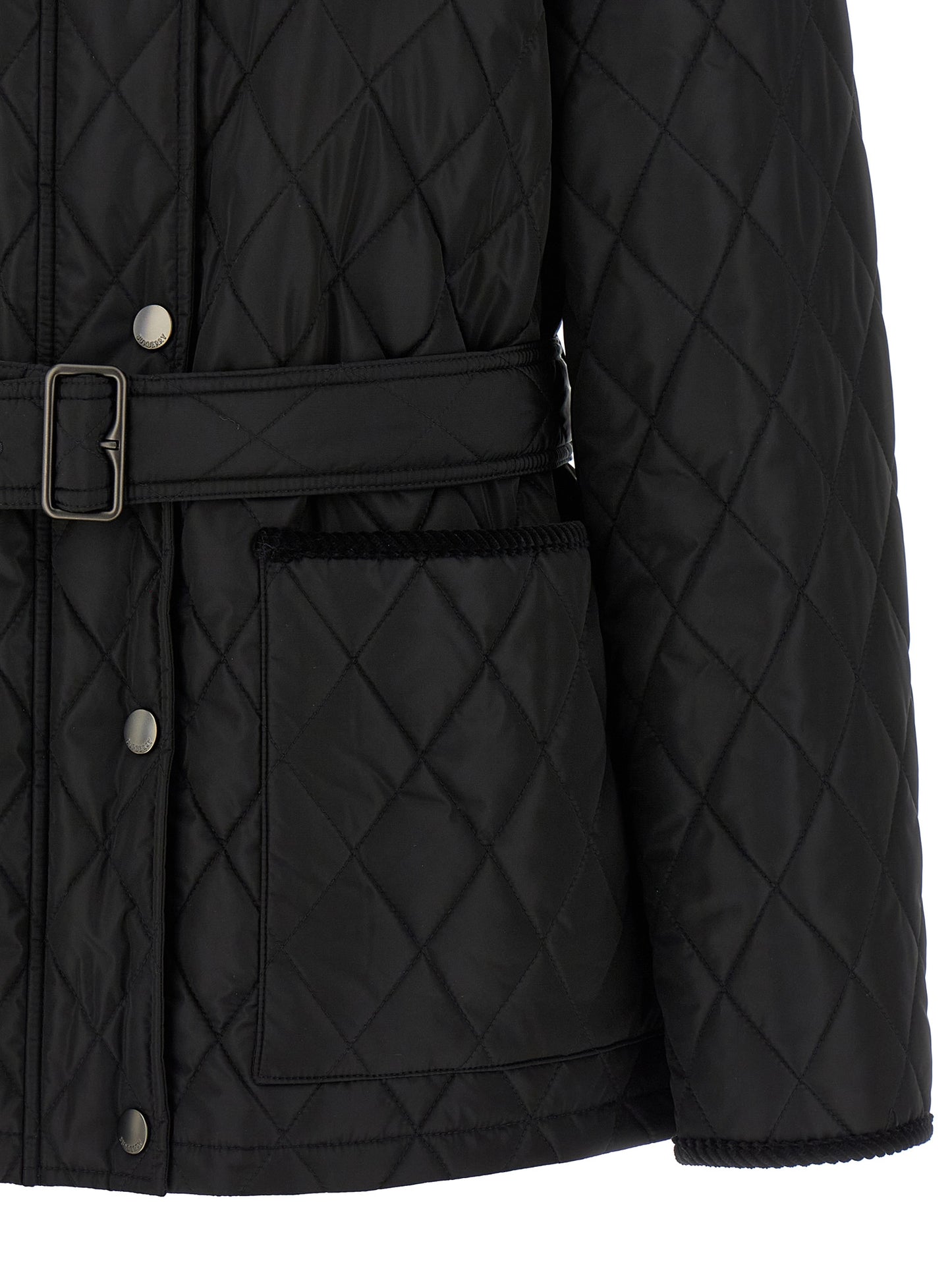 Overcoat by Burberry for women in plush nylon corduroy black presents a luxurious silhouette, showcasing a luxurious and sophisticated lightweight for a premium, luxurious look.