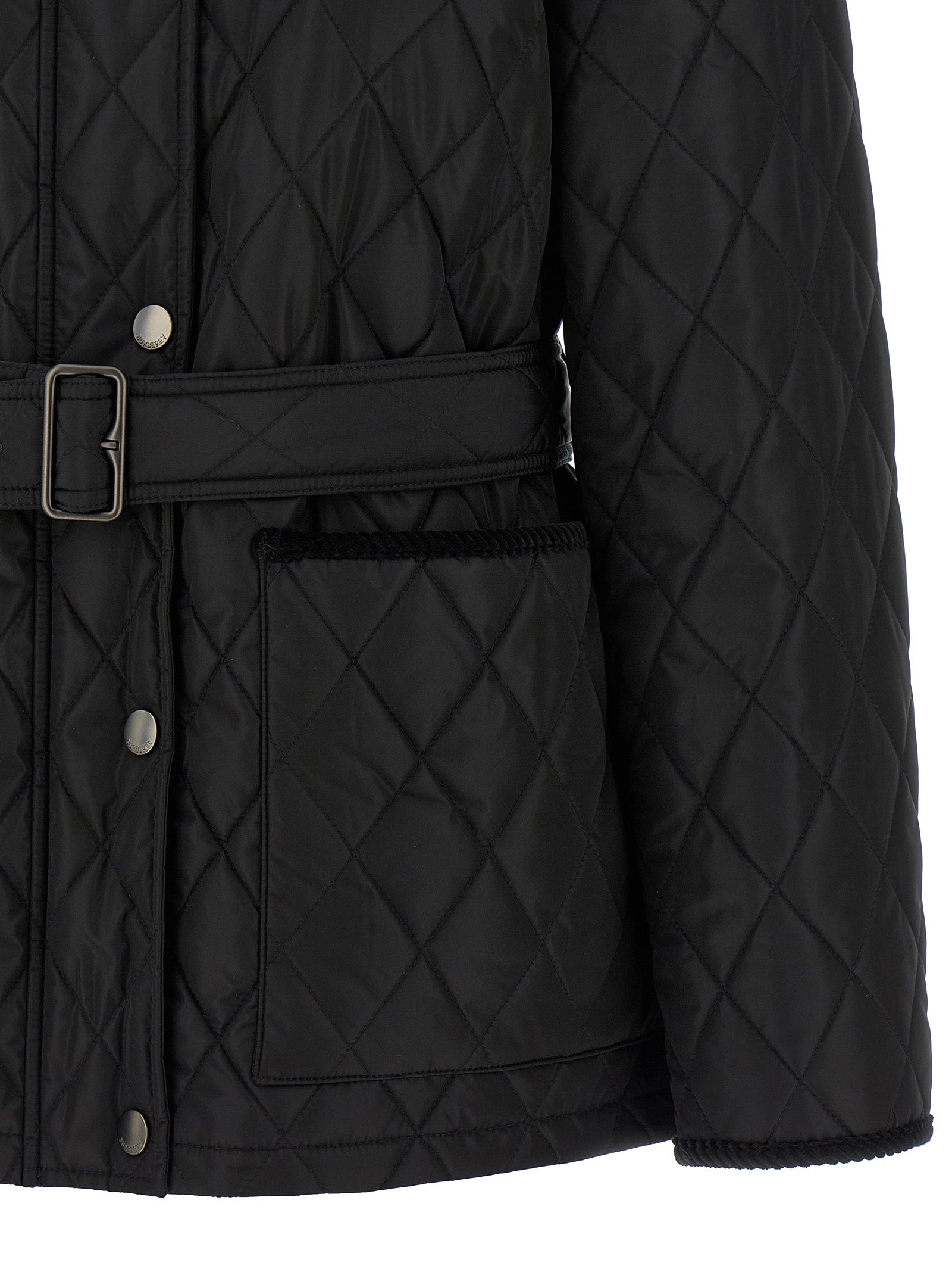 Overcoat by Burberry for women in plush nylon corduroy black presents a luxurious silhouette, showcasing a luxurious and sophisticated lightweight for a premium, luxurious look.