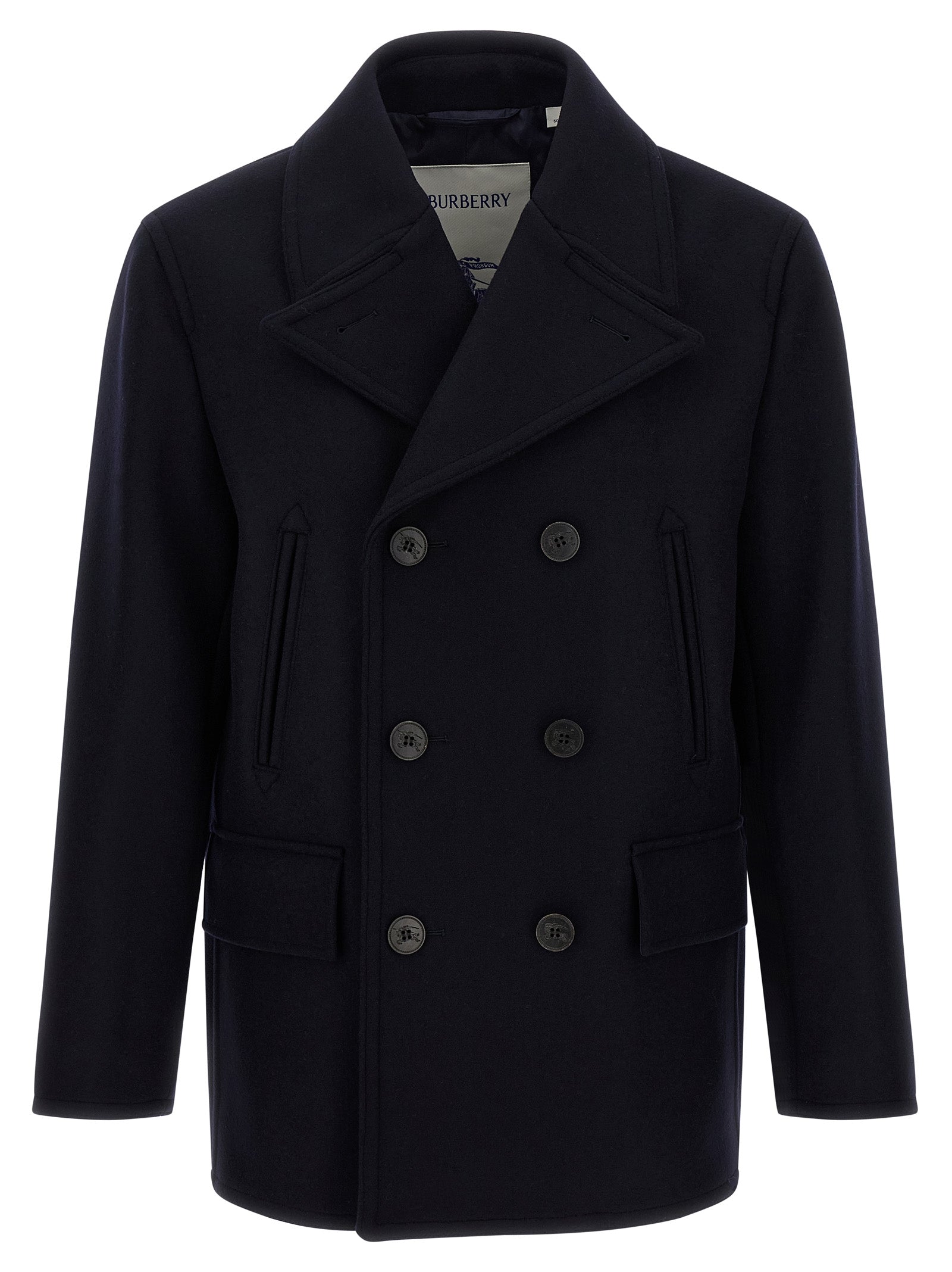 Overcoat by Burberry for men in wool blue, horn, patterned & signature features an satoral silhouette, showcasing a sophisticated lapel neckline and satoral for a premium, timeless look.
