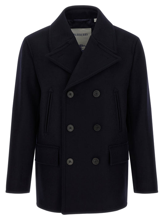 Overcoat by Burberry for men in wool blue, horn, patterned & signature features an satoral silhouette, showcasing a sophisticated lapel neckline and satoral for a premium, timeless look.