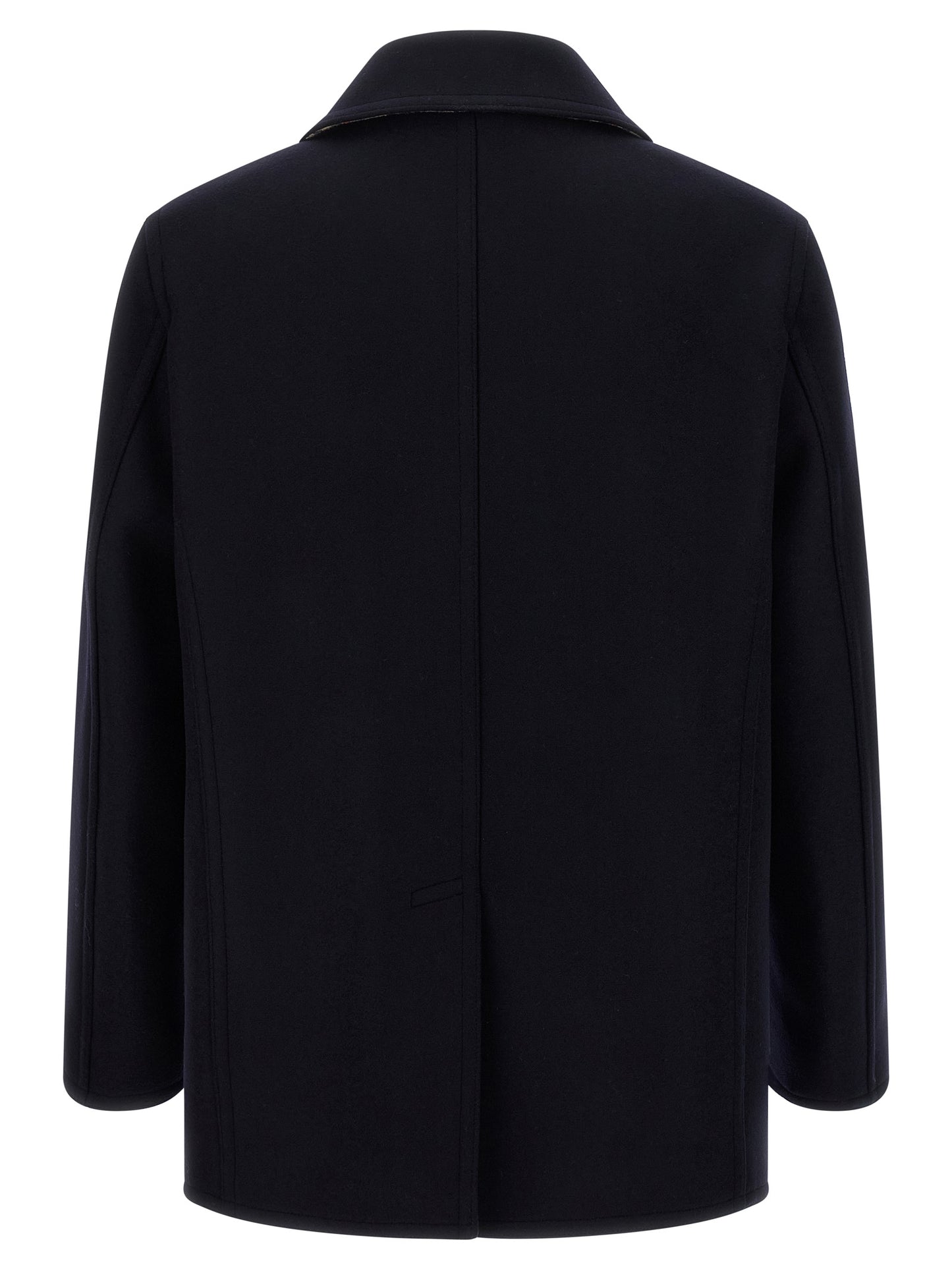 Overcoat by Burberry for men in wool blue, horn, patterned & signature showcases a enveloping silhouette, detailed with distinctive and a enveloping lapel neckline.