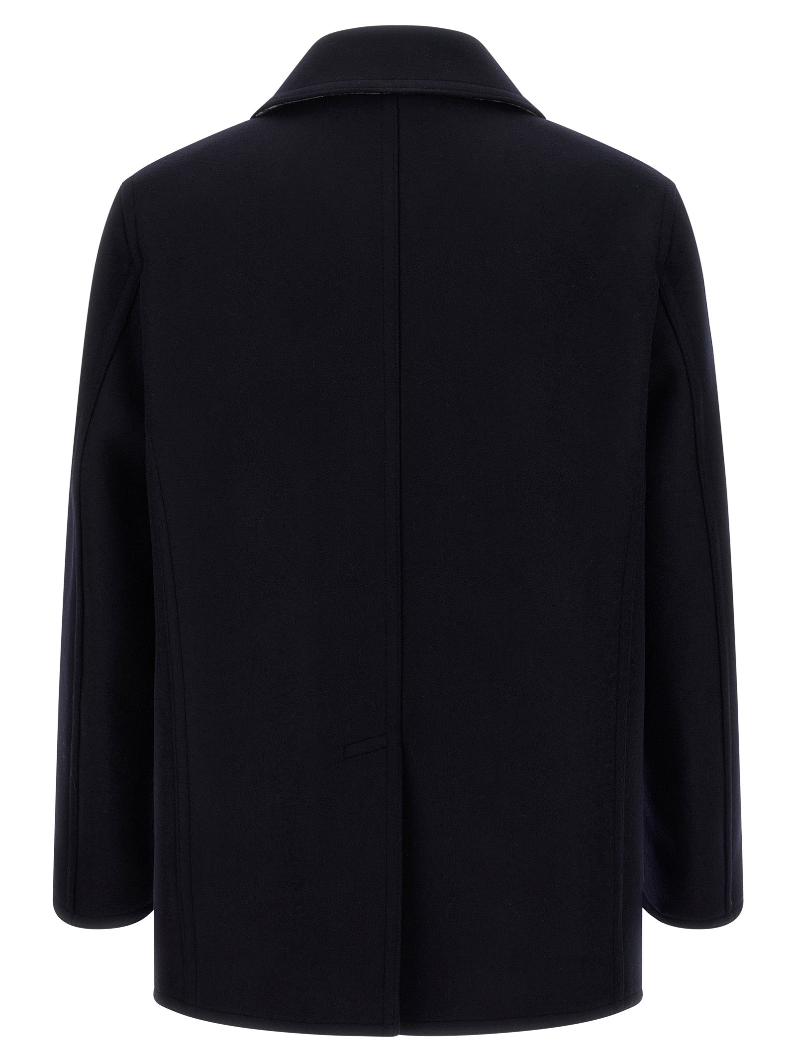 Overcoat by Burberry for men in wool blue, horn, patterned & signature showcases a enveloping silhouette, detailed with distinctive and a enveloping lapel neckline.