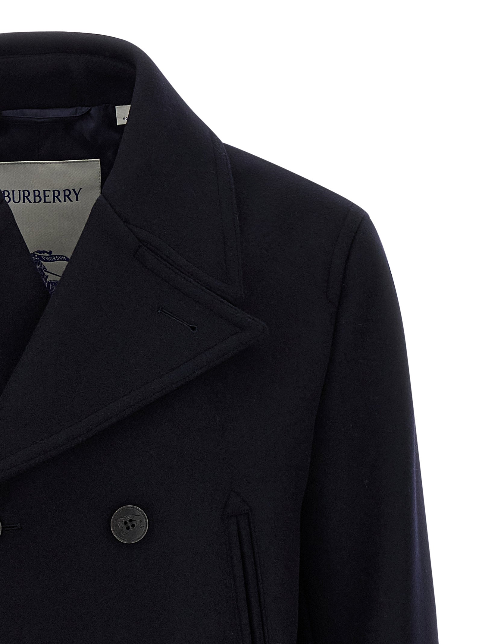Overcoat by Burberry for men in wool blue, horn, patterned & signature features an satoral silhouette, showcasing a sophisticated lapel neckline and satoral for a premium, timeless look.