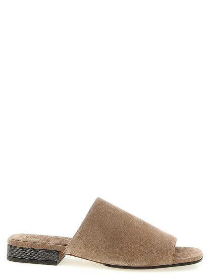 Brunello Cucinelli Monile Women's Suede Calfskin Leather Sliders Sandals Flat Shoes - Brown