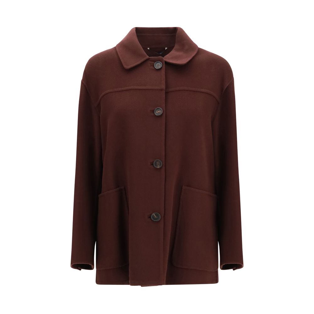 Overcoat by S Max Mara for women in virgin wool bordeaux & horn presents a luxurious silhouette, showcasing a luxurious and sophisticated pockets for a premium, luxurious look.