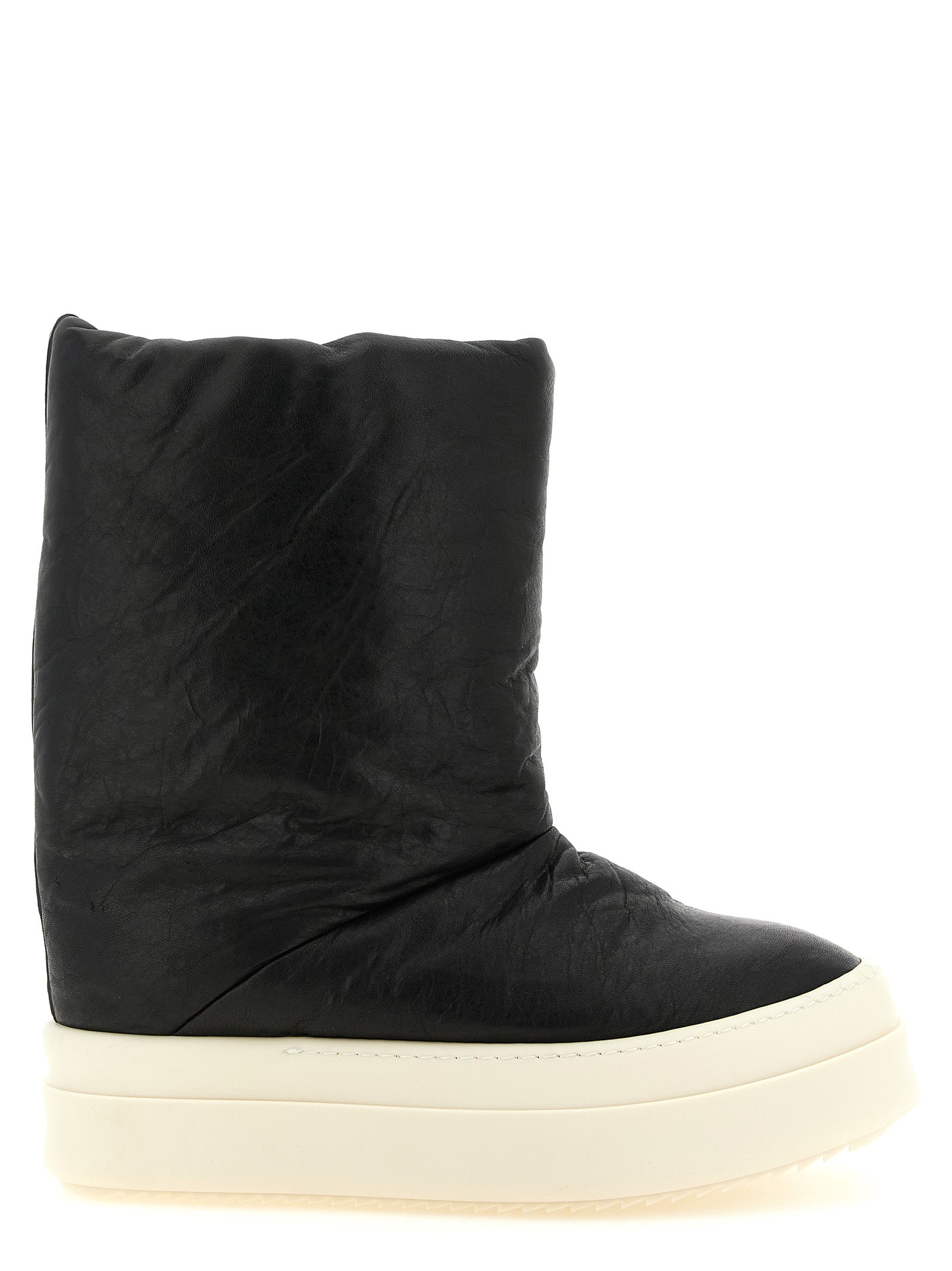 Platform Winter Boots by Rick Owens for men in lamb leather bicolour, black, cream & white features an avant-garde Men's Lamb Leather Platform Winter Boots silhouette, defined by a sophisticated platform and a avant-garde .