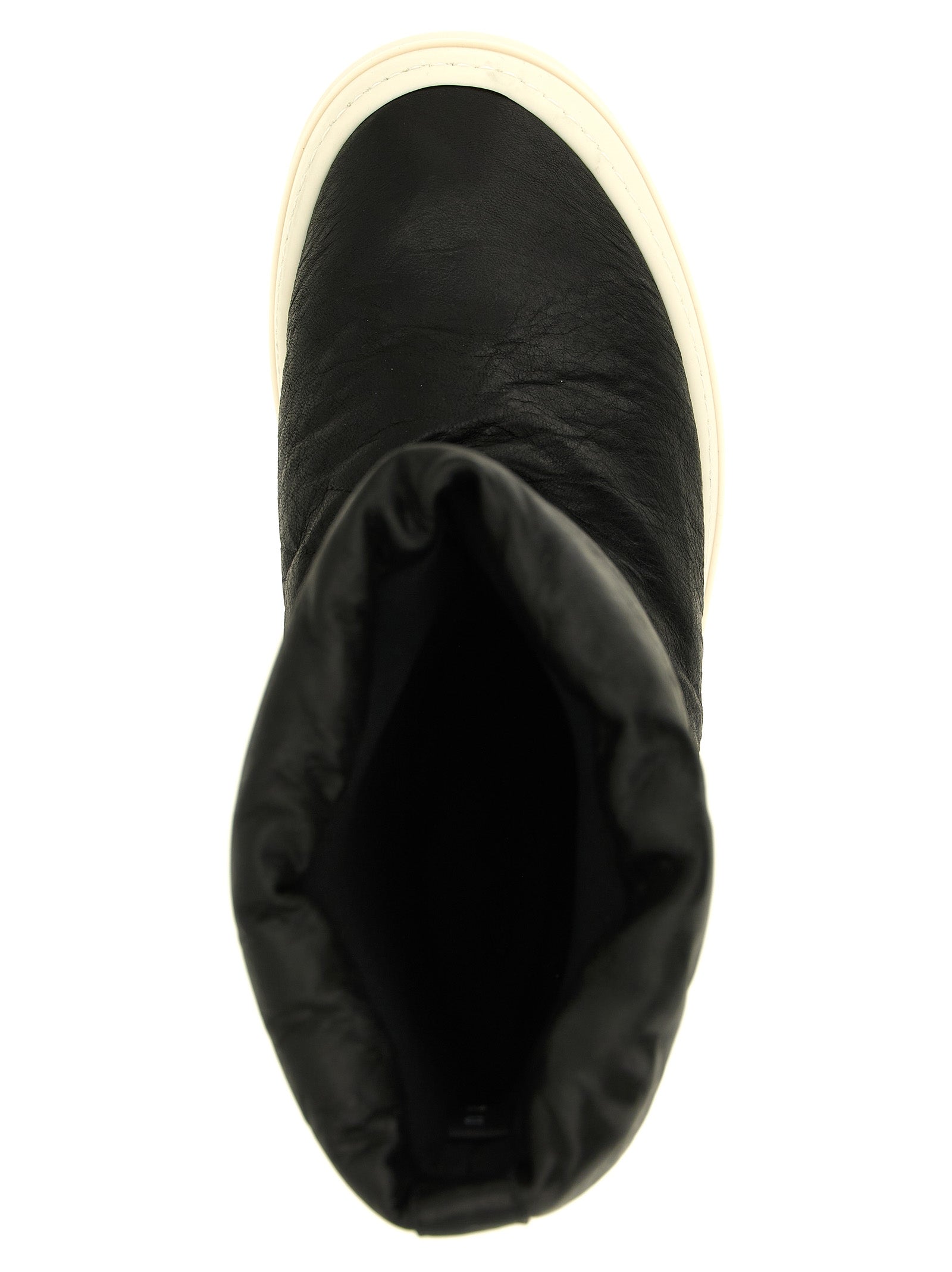 Platform Winter Boots by Rick Owens for men in lamb leather bicolour, black, cream & white features an high-performance silhouette, showcasing the sophisticated design of the Men's Lamb Leather Platform Winter Boots with a platform and a refined .