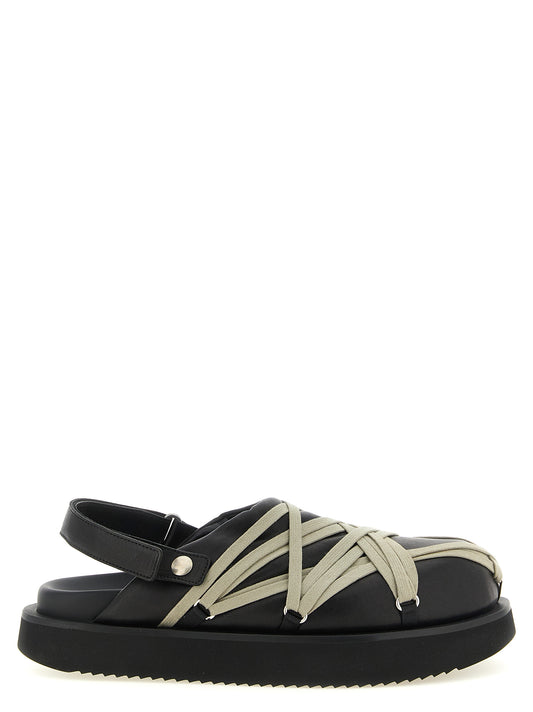 Platform Mule Mules Strap Shoes by Rick Owens for men in ramie & leather black & silver features an dynamic silhouette from the Men's Ramie & Leather Platform Mule Mules Strap Shoes collection, defined by a dynamic and platform for a dynamic look.
