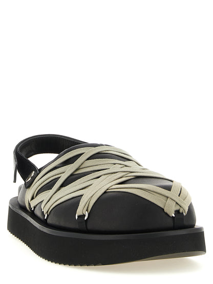 Platform Mule Mules Strap Shoes by Rick Owens for men in ramie & leather black & silver showcases a impeccable silhouette as Men's Ramie & Leather Platform Mule Mules Strap Shoes, artfully designed with a impeccable platform and refined for a impeccable finish.