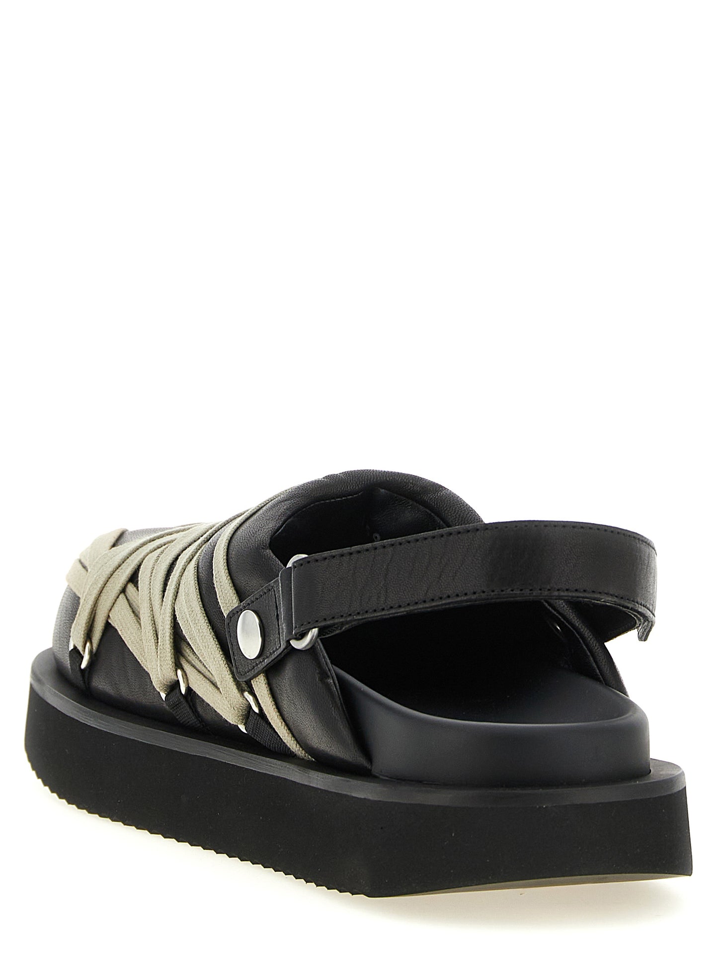 Platform Mule Mules Strap Shoes by Rick Owens for men in ramie & leather black & silver features an ergonomic silhouette, perfectly showcasing Men's Ramie & Leather Platform Mule Mules Strap Shoes with its distinct platform and elegant .