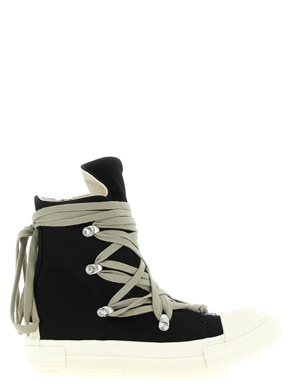 Sneakers by DRKSHDW for women in denim cotton black features an timeless silhouette from the Essence Punch Women's High Top Denim Cotton Sneakers collection, showcasing a signature high-top style with an timeless finish.