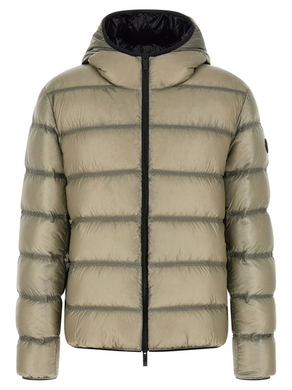 Hooded Puffer Jacket by Moncler for men in polyamide beige & green presents a effortlessly chic silhouette, showcasing a sophisticated hooded neckline and premium hooded & insulated for a truly effortlessly chic finish.