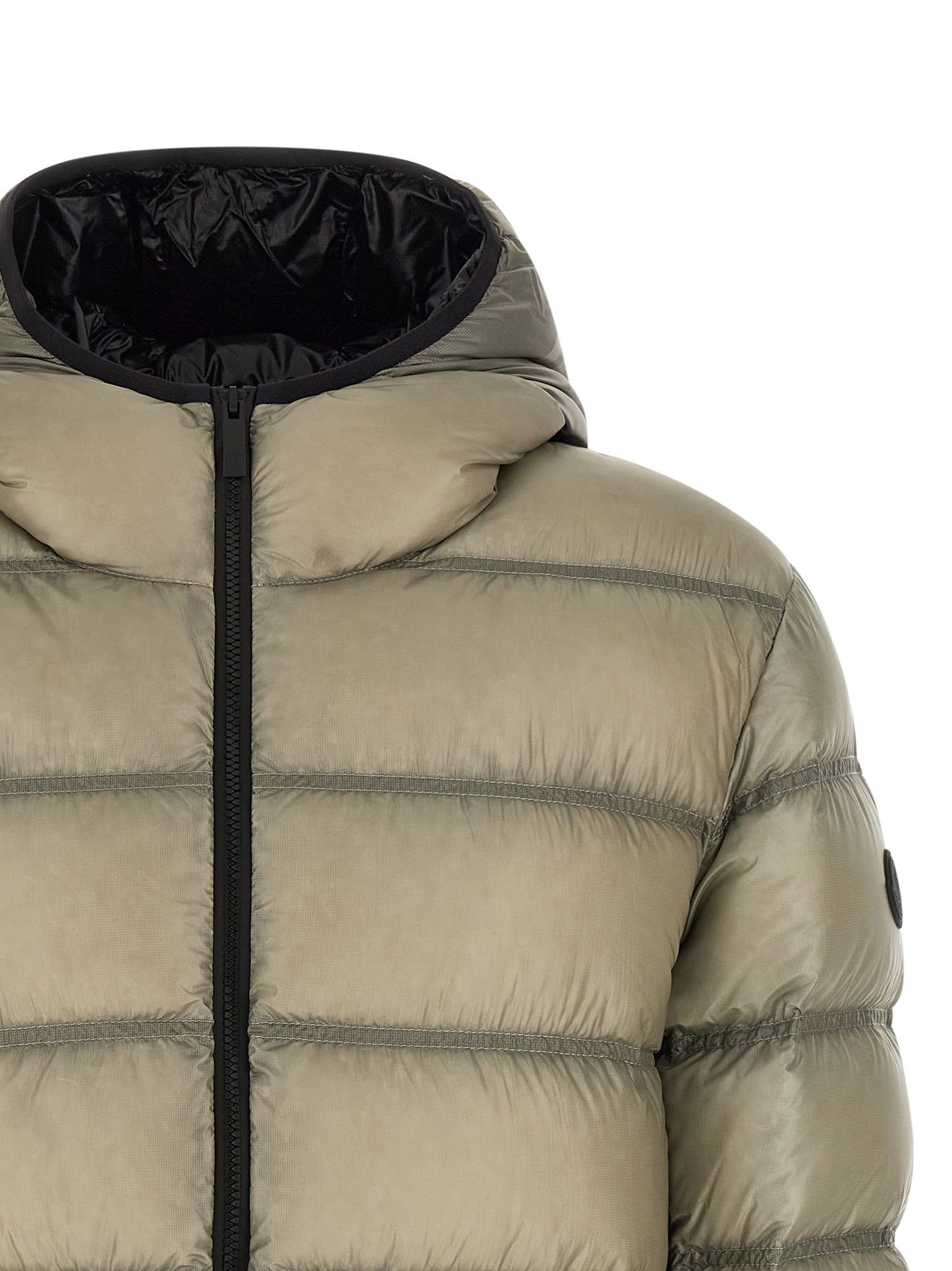 Hooded Puffer Jacket by Moncler for men in polyamide beige & green features a city-ready silhouette, detailed with hooded & insulated and a city-ready hooded neckline.