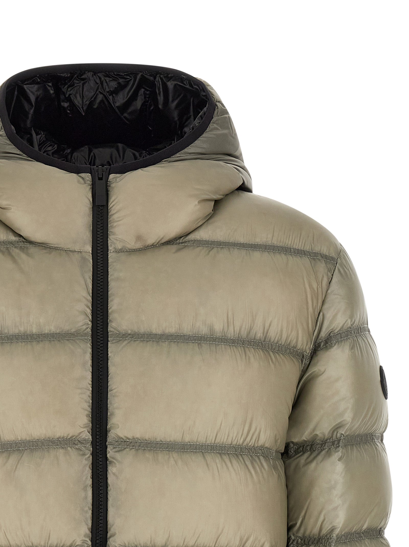 Hooded Puffer Jacket by Moncler for men in polyamide beige & green features a city-ready silhouette, detailed with hooded & insulated and a city-ready hooded neckline.