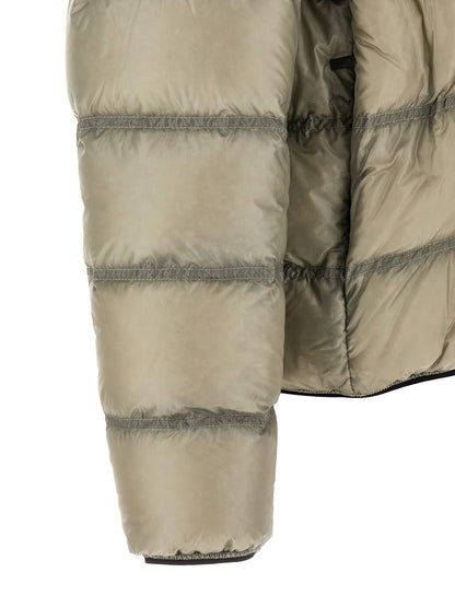 Hooded Puffer Jacket by Moncler for men in polyamide beige & green features a dramatic silhouette, showcasing a sophisticated hooded neckline and distinctive hooded & insulated for a dramatic aesthetic.