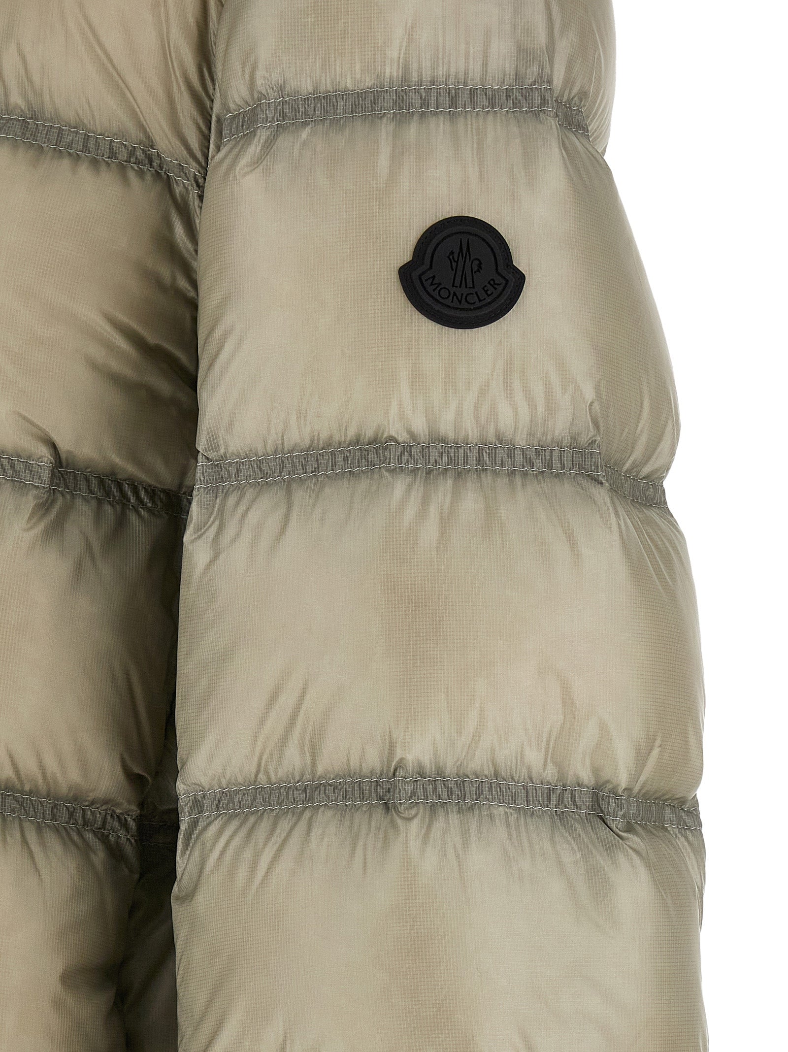 Hooded Puffer Jacket by Moncler for men in polyamide beige & green showcases a bohemian silhouette, artfully detailed with a bohemian and signature hooded & insulated for a truly bohemian finish.