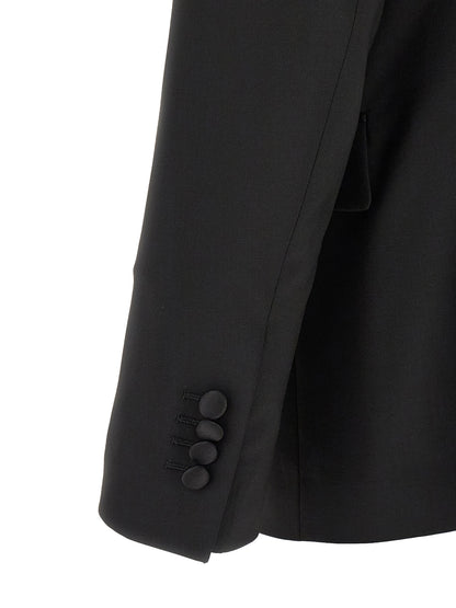 Tuxedo by Lardini for men in virgin wool black presents a distinguished silhouette, showcasing a sophisticated and a distinguished straight-leg that epitomizes formal elegance.