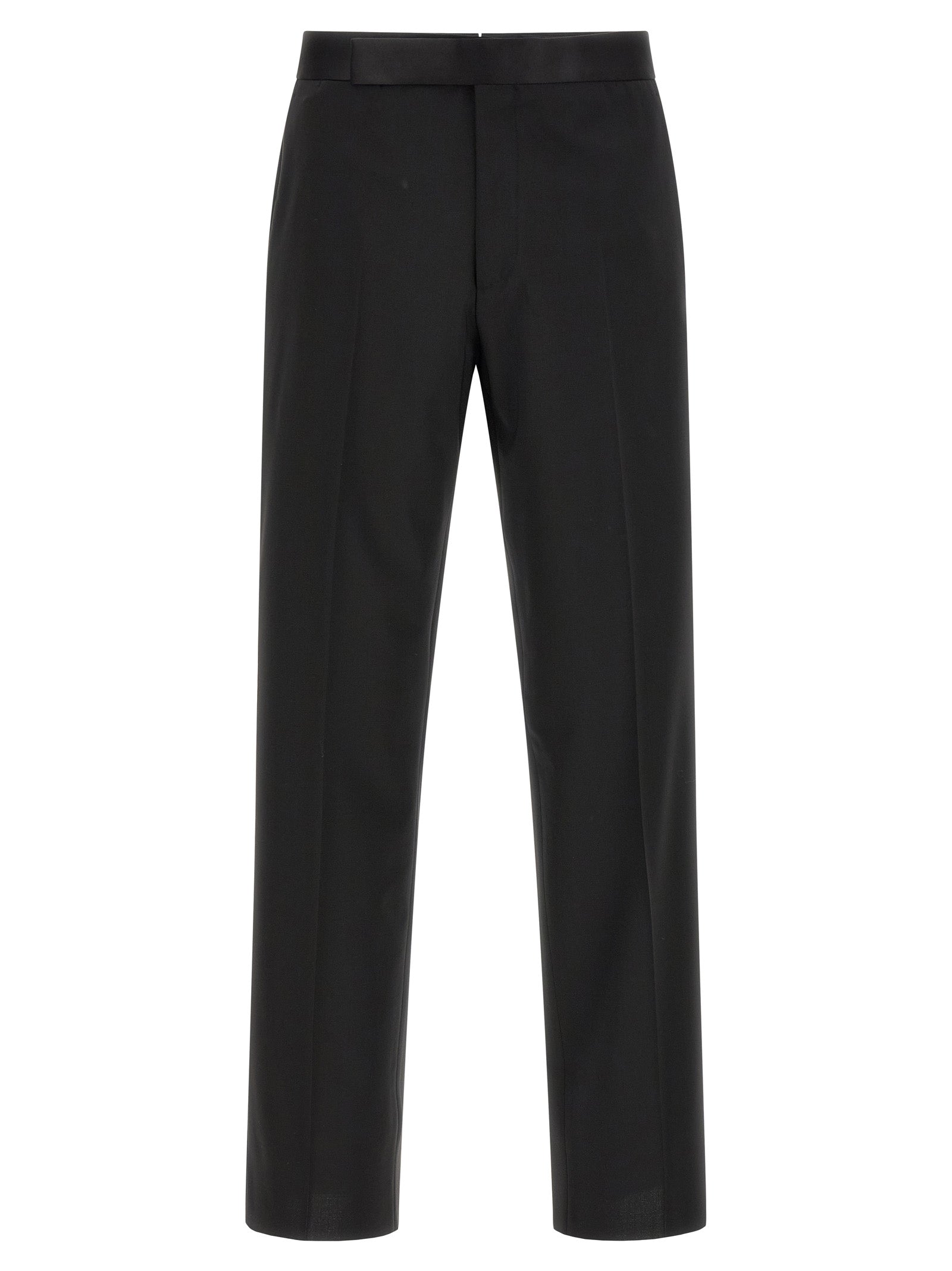 Tuxedo by Lardini for men in virgin wool black features an sharp silhouette with a sharp and a sharp straight-leg for a formal look.