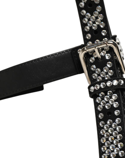 Dolce & Gabbana Black Leather Rhinestones Embellished Men Suspender