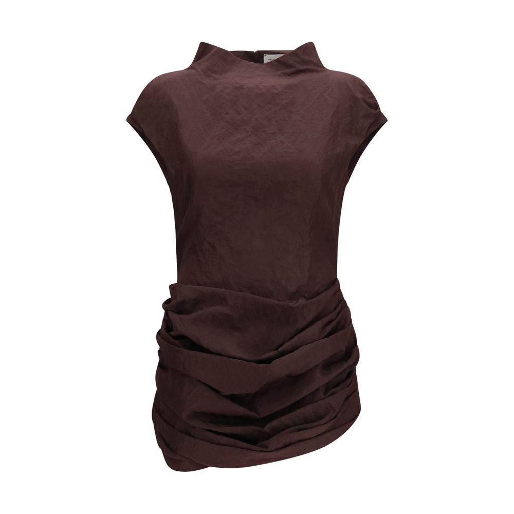 Dress by Magda Butrym for women in cotton brown features an magnificent silhouette, artfully detailed with a magnificent high-collar neckline and short-sleeve that flows into an magnificent short mini.