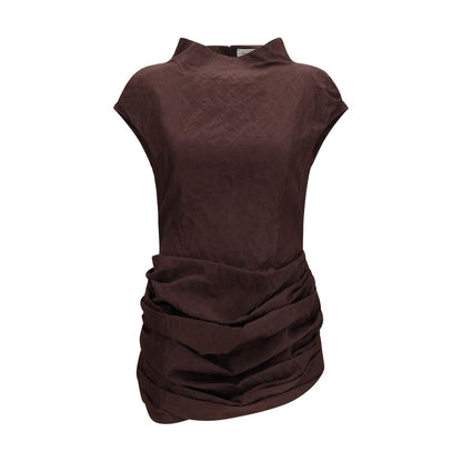 Dress by Magda Butrym for women in cotton brown features an magnificent silhouette, artfully detailed with a magnificent high-collar neckline and short-sleeve that flows into an magnificent short mini.