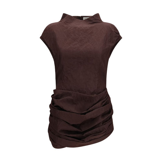 Dress by Magda Butrym for women in cotton brown features an magnificent silhouette, artfully detailed with a magnificent high-collar neckline and short-sleeve that flows into an magnificent short mini.