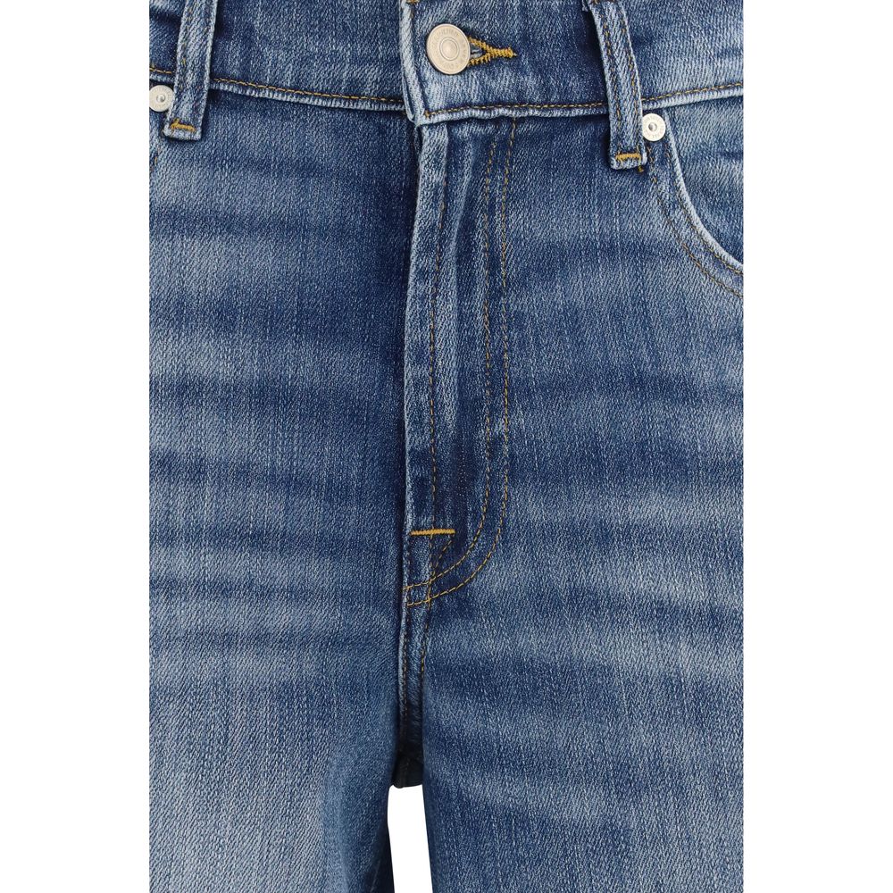 Jeans by 7FOR for women in stretch denim cotton blue features a polished silhouette with a polished straight-leg, regular-fit & cigarette, reaching a polished long and finished with a polished .