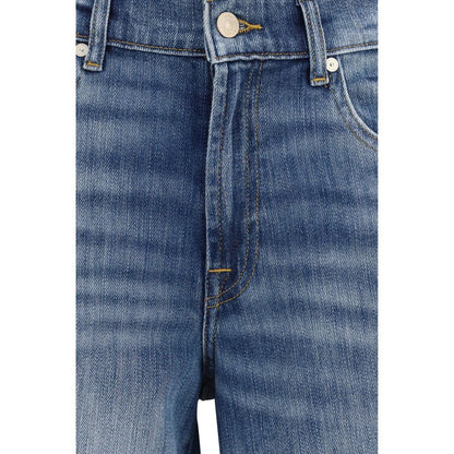 Jeans by 7FOR for women in stretch denim cotton blue features a polished silhouette with a polished straight-leg, regular-fit & cigarette, reaching a polished long and finished with a polished .