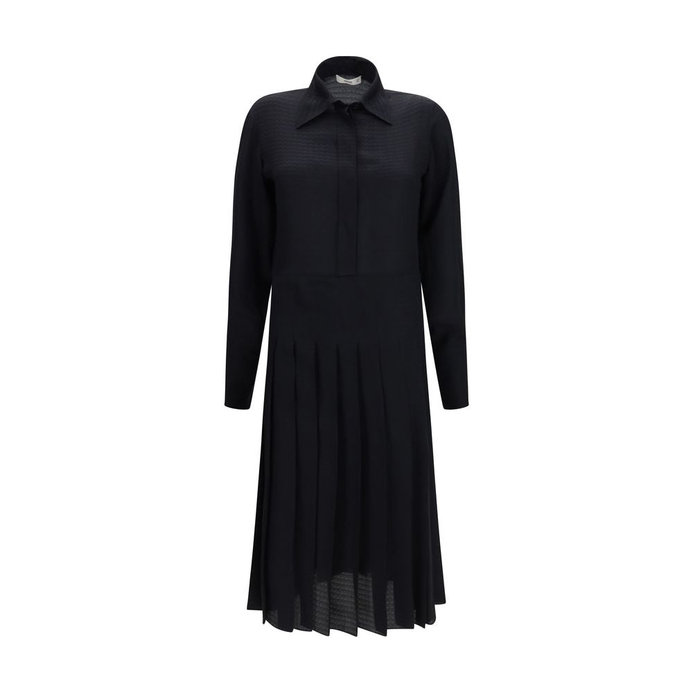Fendi Women's Shirt Long-Sleeve Silk Long Dress - Black Pearl Patterned Jacquard
