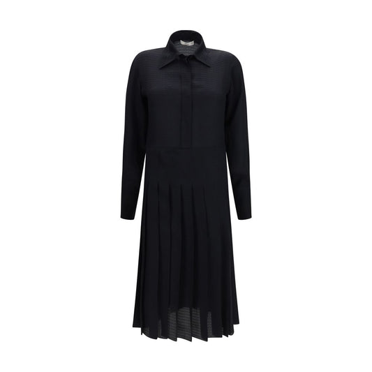 Fendi Women's Shirt Long-Sleeve Silk Long Dress - Black Pearl Patterned Jacquard