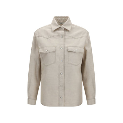 Fendi Selleria Women's Regular Fit Long-Sleeve Organic Denim Cotton & Linen Shirt - Beige Pearl Silver Print