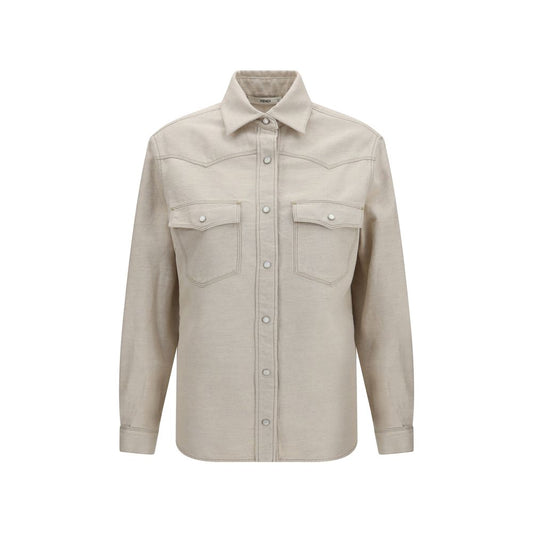 Fendi Selleria Women's Regular Fit Long-Sleeve Organic Denim Cotton & Linen Shirt - Beige Pearl Silver Print