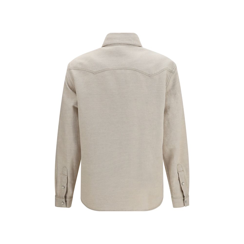 Fendi Selleria Women's Regular Fit Long-Sleeve Organic Denim Cotton & Linen Shirt - Beige Pearl Silver Print