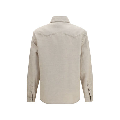 Fendi Selleria Women's Regular Fit Long-Sleeve Organic Denim Cotton & Linen Shirt - Beige Pearl Silver Print