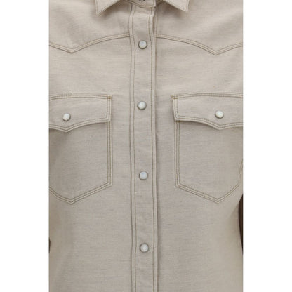 Fendi Selleria Women's Regular Fit Long-Sleeve Organic Denim Cotton & Linen Shirt - Beige Pearl Silver Print