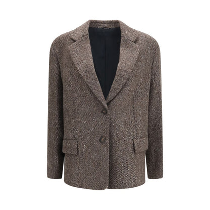 This Jacket by Brunello Cucinelli for women in virgin wool polyamide & viscose brown & herringbone showcases a magnificent silhouette, meticulously crafted with a distinctive v-neck neckline and functional pockets for a magnificent finish.