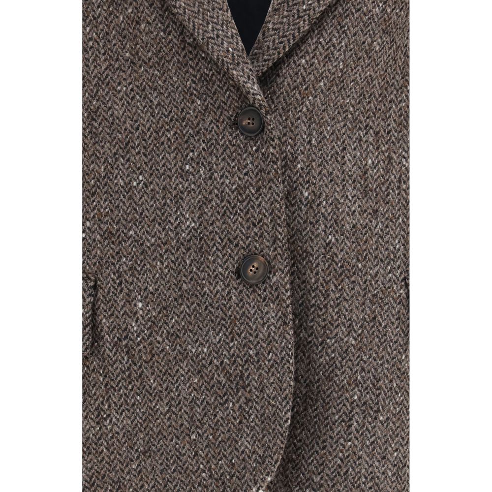 Jacket by Brunello Cucinelli for women in virgin wool polyamide & viscose brown & herringbone presents a impeccable silhouette, showcasing distinct pockets and a impeccable for a sophisticated finish.
