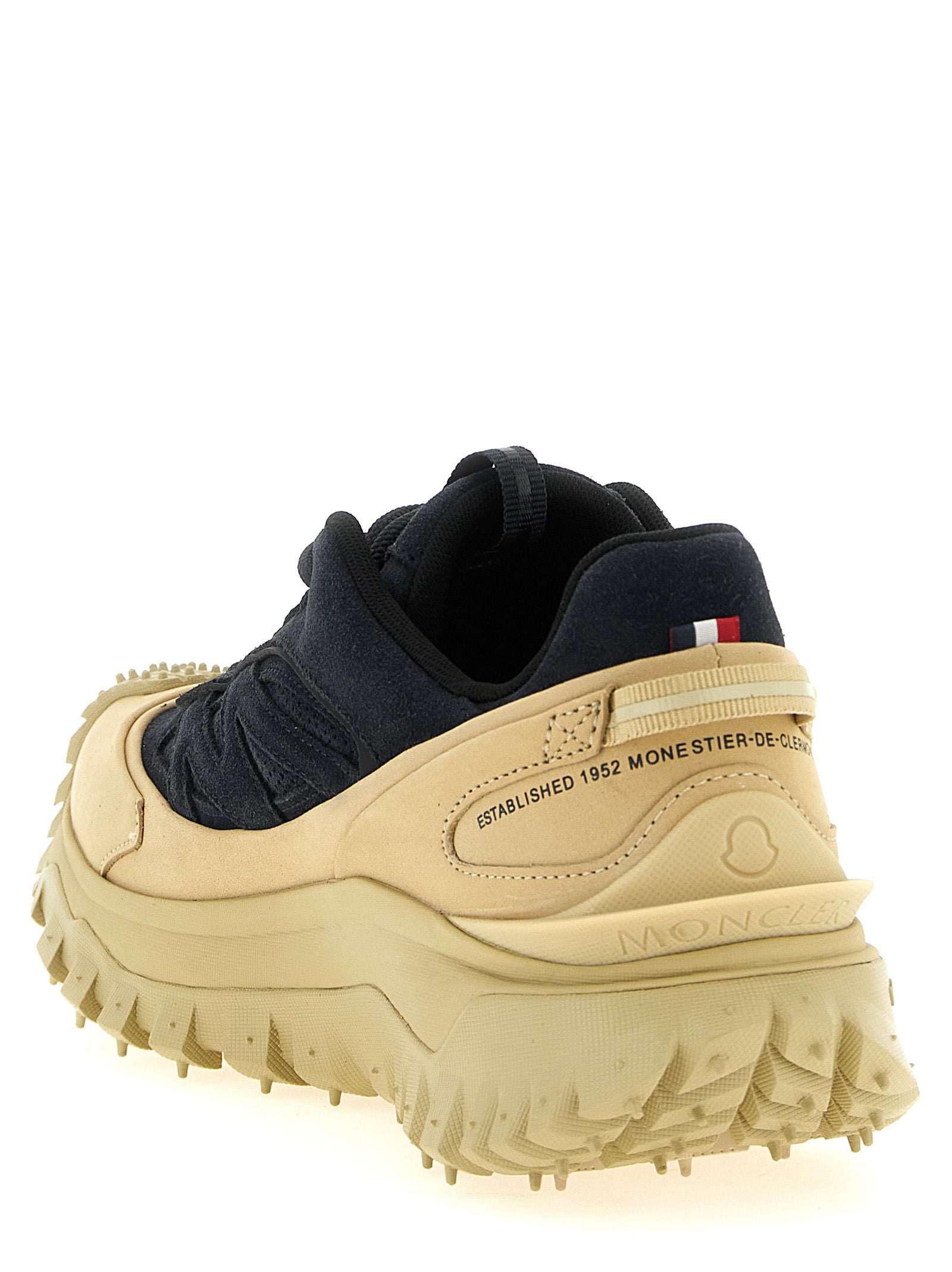 Athletic Sneakers by Moncler for men in nubuck suede leather beige & navy features an effortless chic silhouette, showcasing the signature athletic style of the Men's Athletic Nubuck Suede Leather Sneakers collection with a truly effortless chic finish.