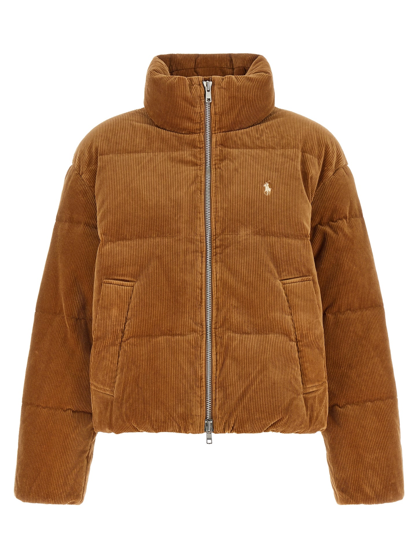 Puffer Jacket by Polo Ralph Lauren for women in stretch cotton corduroy brown, hazelnut & silver features an on trend silhouette, showcasing refined pockets & insulated and a sophisticated mock neckline for a truly on trend finish.