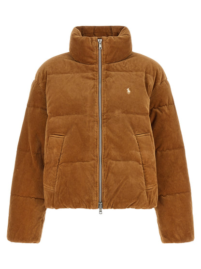 Puffer Jacket by Polo Ralph Lauren for women in stretch cotton corduroy brown, hazelnut & silver features an on trend silhouette, showcasing refined pockets & insulated and a sophisticated mock neckline for a truly on trend finish.
